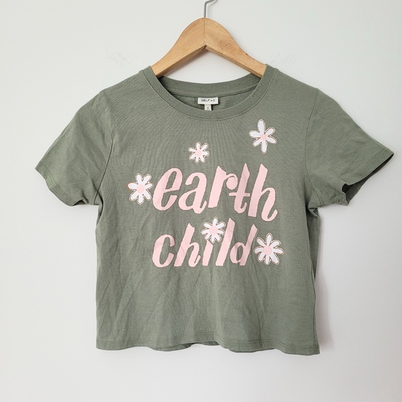 SELF ESTEEM Earth Child Flower‎ Graphic Cropped Tee NWT Sage Green Pink // Small - Picture 1 of 14